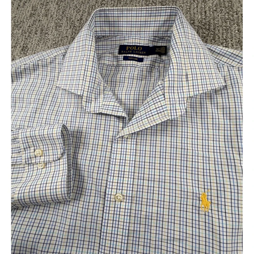 Polo Ralph Lauren Dress Shirt Mens 16.5 34/35 Blue Yellow Check Easy Care LS